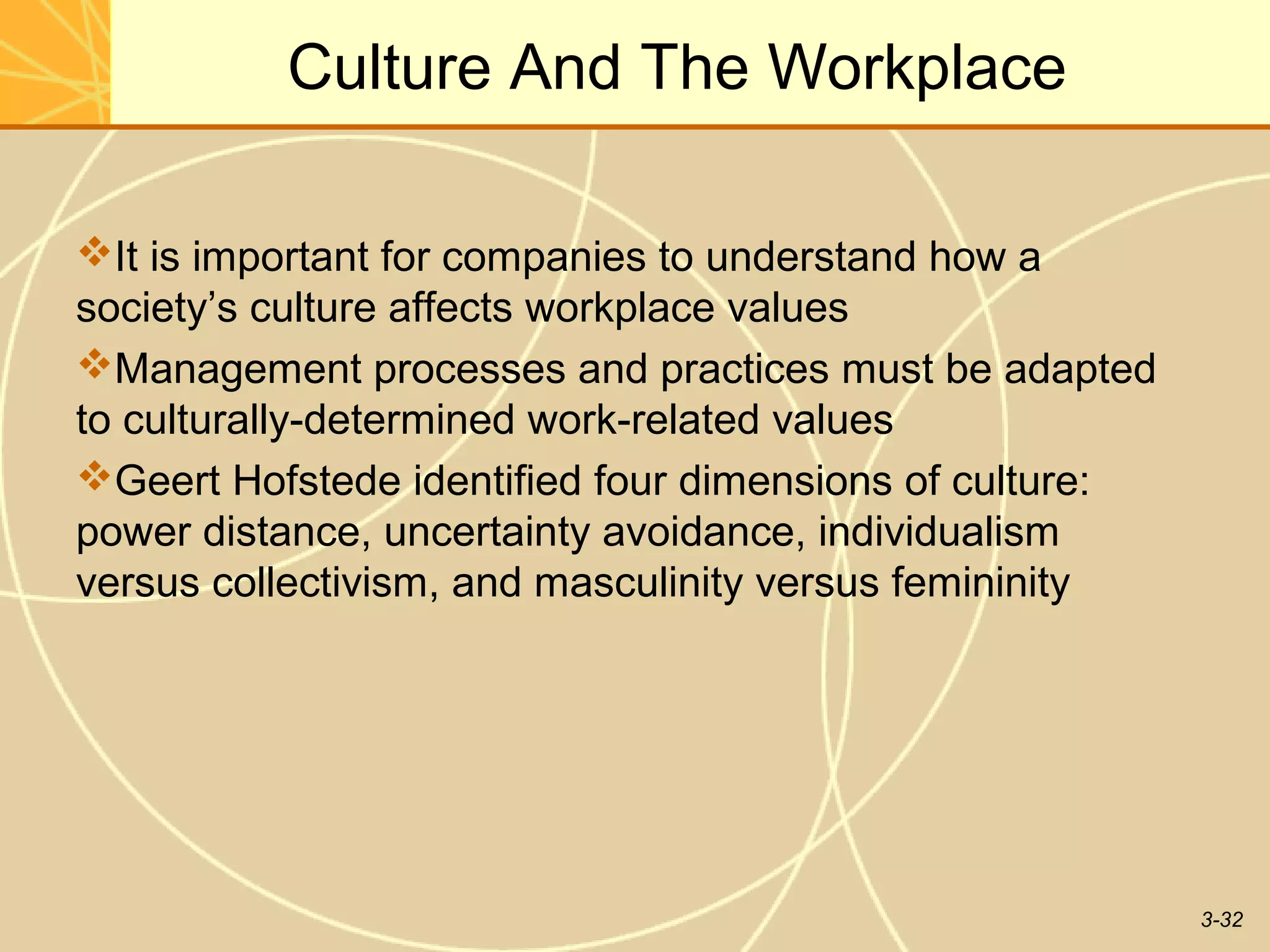 Culture And The Workplace

It is important for companies to understand how a
society’s culture affects workplace values
Management processes and practices must be adapted
to culturally-determined work-related values
Geert Hofstede identified four dimensions of culture:
power distance, uncertainty avoidance, individualism
versus collectivism, and masculinity versus femininity




                                                         3-32
 