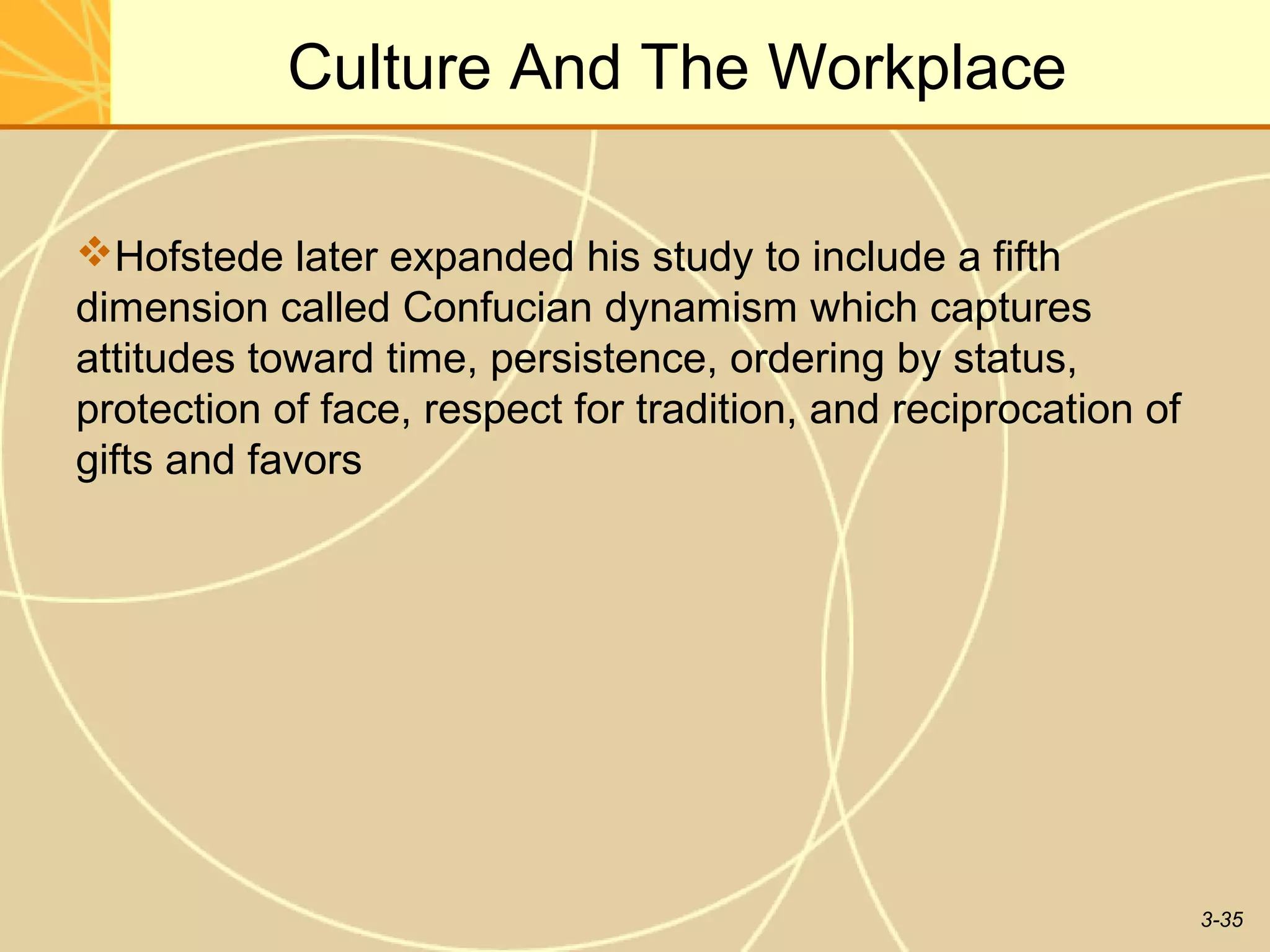 Culture And The Workplace

Hofstede later expanded his study to include a fifth
dimension called Confucian dynamism which captures
attitudes toward time, persistence, ordering by status,
protection of face, respect for tradition, and reciprocation of
gifts and favors




                                                                  3-35
 