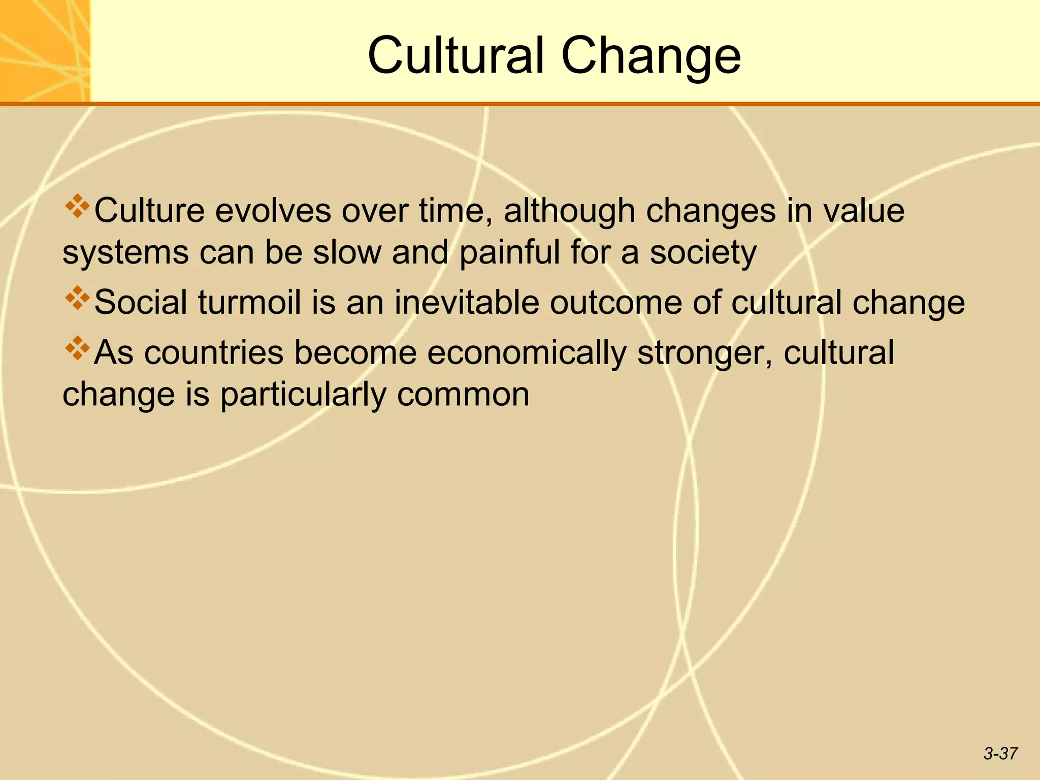 Cultural Change

Culture evolves over time, although changes in value
systems can be slow and painful for a society
Social turmoil is an inevitable outcome of cultural change
As countries become economically stronger, cultural
change is particularly common




                                                              3-37
 