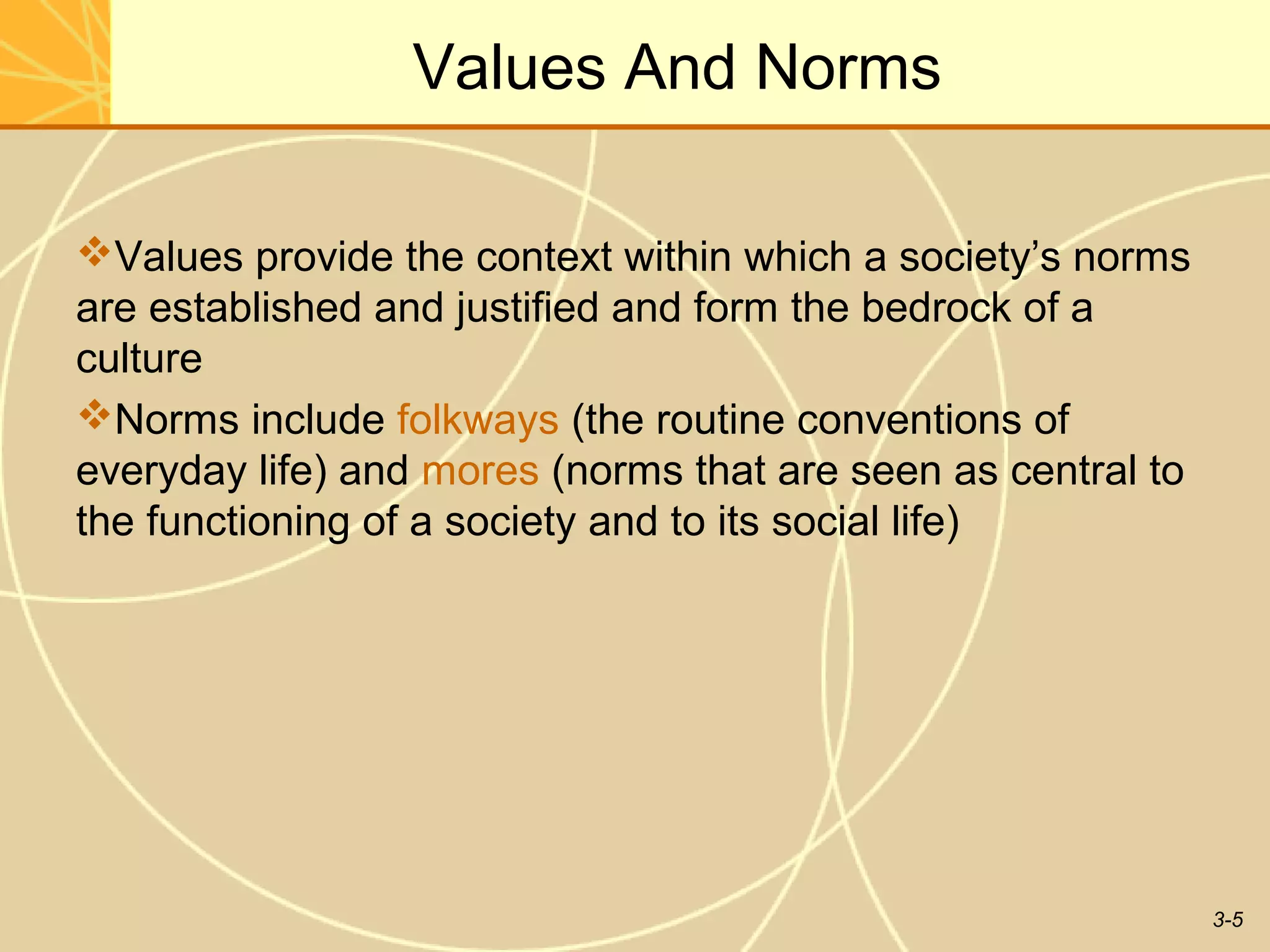 Values And Norms

Values provide the context within which a society’s norms
are established and justified and form the bedrock of a
culture
Norms include folkways (the routine conventions of
everyday life) and mores (norms that are seen as central to
the functioning of a society and to its social life)




                                                              3-5
 