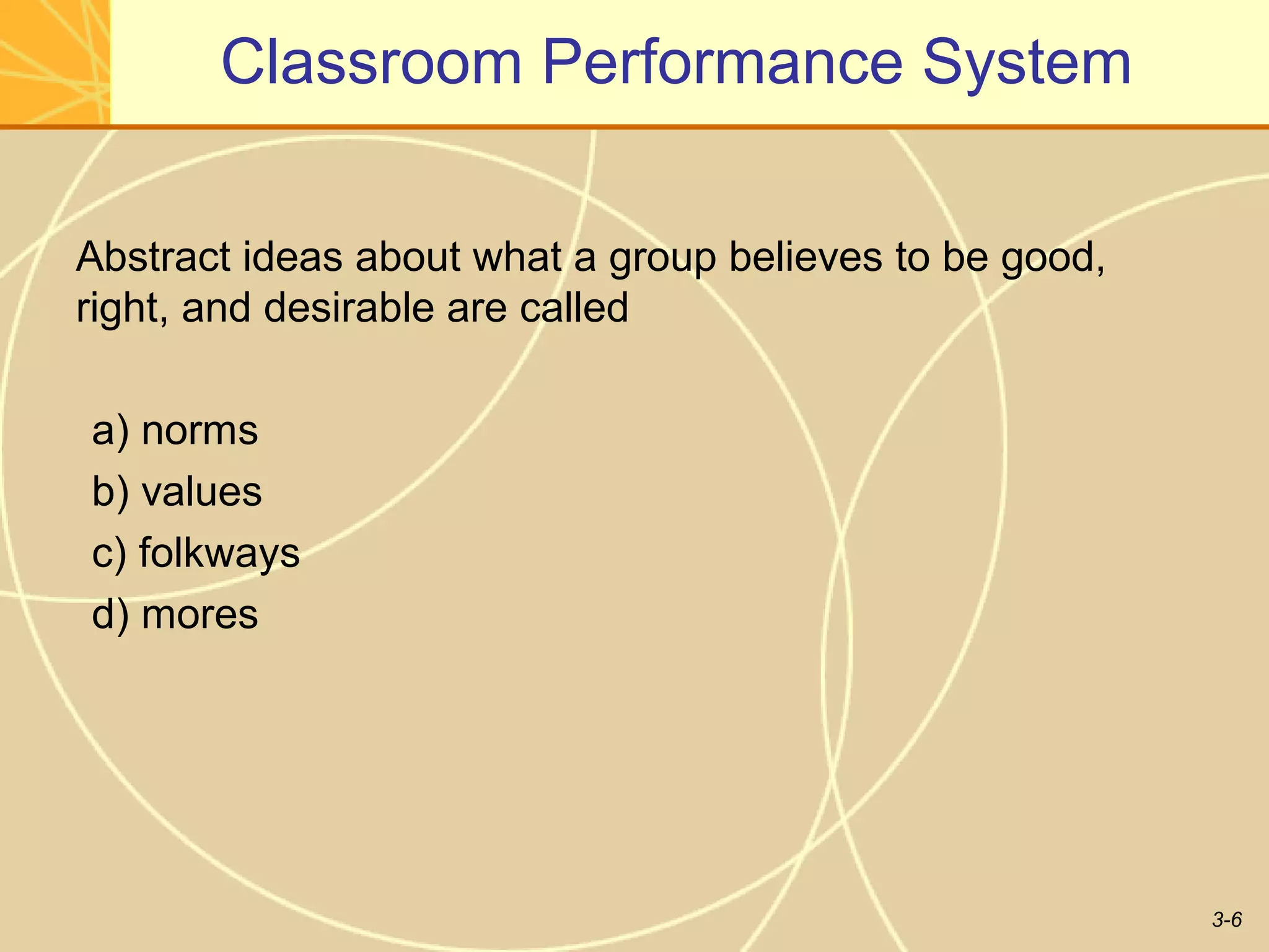Classroom Performance System

Abstract ideas about what a group believes to be good,
right, and desirable are called

a) norms
b) values
c) folkways
d) mores




                                                         3-6
 