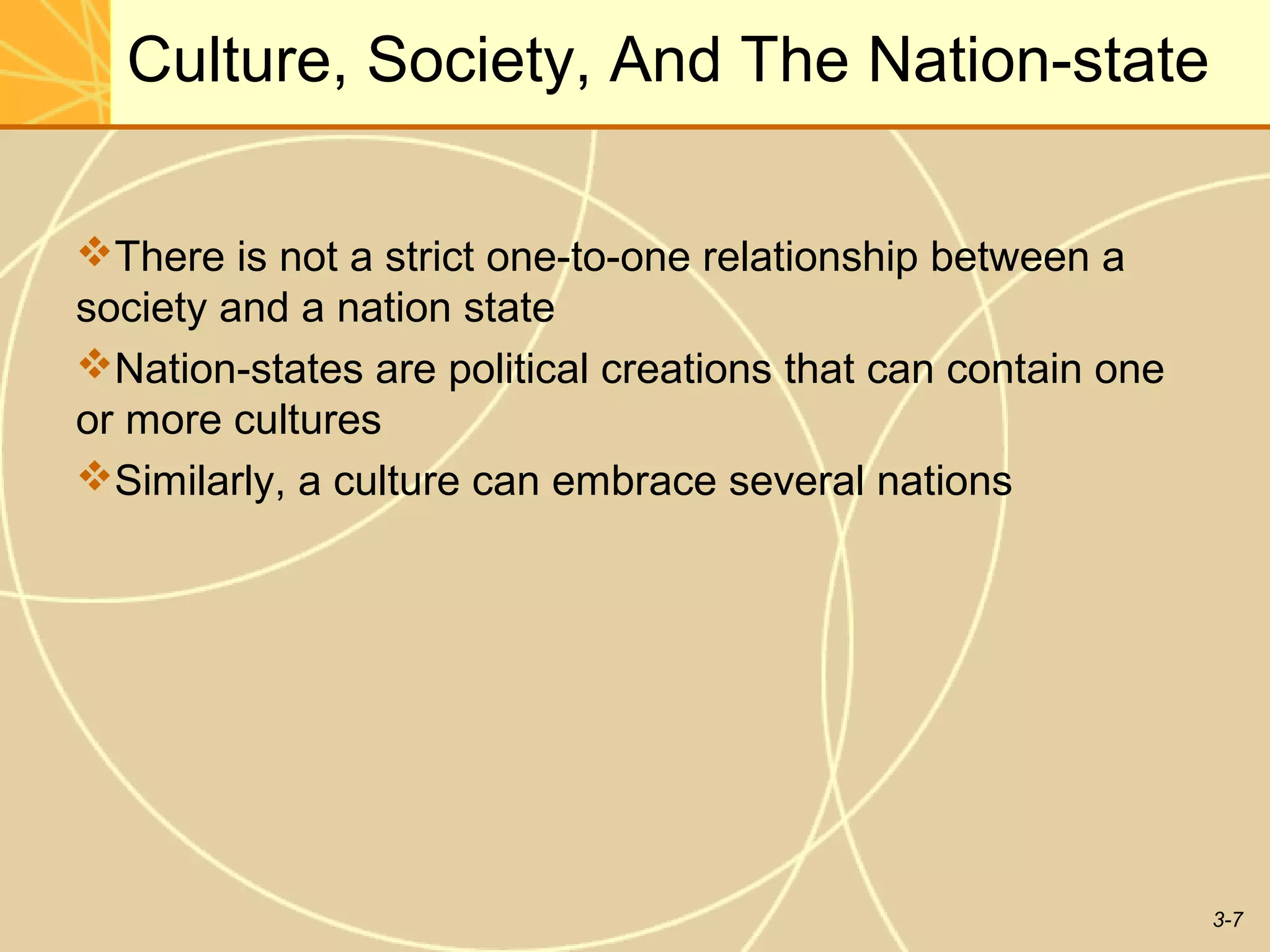 Culture, Society, And The Nation-state

There is not a strict one-to-one relationship between a
society and a nation state
Nation-states are political creations that can contain one
or more cultures
Similarly, a culture can embrace several nations




                                                              3-7
 