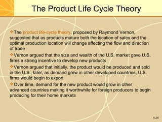 The Product Life Cycle Theory

The product life-cycle theory, proposed by Raymond Vernon,
suggested that as products mature both the location of sales and the
optimal production location will change affecting the flow and direction
of trade
Vernon argued that the size and wealth of the U.S. market gave U.S.
firms a strong incentive to develop new products
Vernon argued that initially, the product would be produced and sold
in the U.S., later, as demand grew in other developed countries, U.S.
firms would begin to export
Over time, demand for the new product would grow in other
advanced countries making it worthwhile for foreign producers to begin
producing for their home markets



                                                                           5-25
 