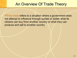 An Overview Of Trade Theory

Free trade refers to a situation where a government does
not attempt to influence through quotas or duties what its
citizens can buy from another country or what they can
produce and sell to another country




                                                             5-3
 