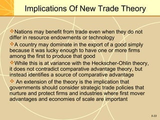 Implications Of New Trade Theory

Nations may benefit from trade even when they do not
differ in resource endowments or technology
A country may dominate in the export of a good simply
because it was lucky enough to have one or more firms
among the first to produce that good
While this is at variance with the Heckscher-Ohlin theory,
it does not contradict comparative advantage theory, but
instead identifies a source of comparative advantage
 An extension of the theory is the implication that
governments should consider strategic trade policies that
nurture and protect firms and industries where first mover
advantages and economies of scale are important


                                                              5-33
 