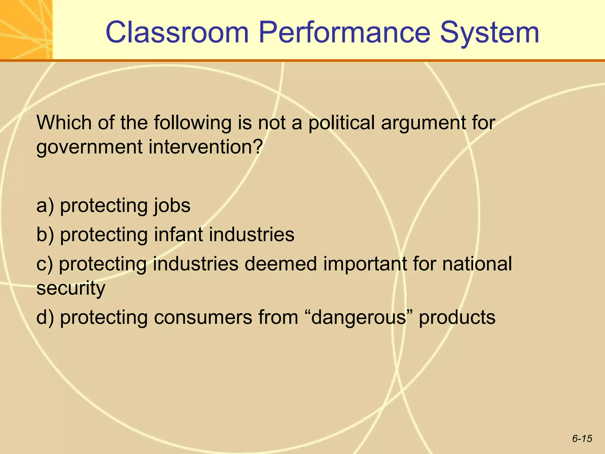 Classroom Performance System

Which of the following is not a political argument for
government intervention?

a) protecting jobs
b) protecting infant industries
c) protecting industries deemed important for national
security
d) protecting consumers from “dangerous” products




                                                         6-15
 