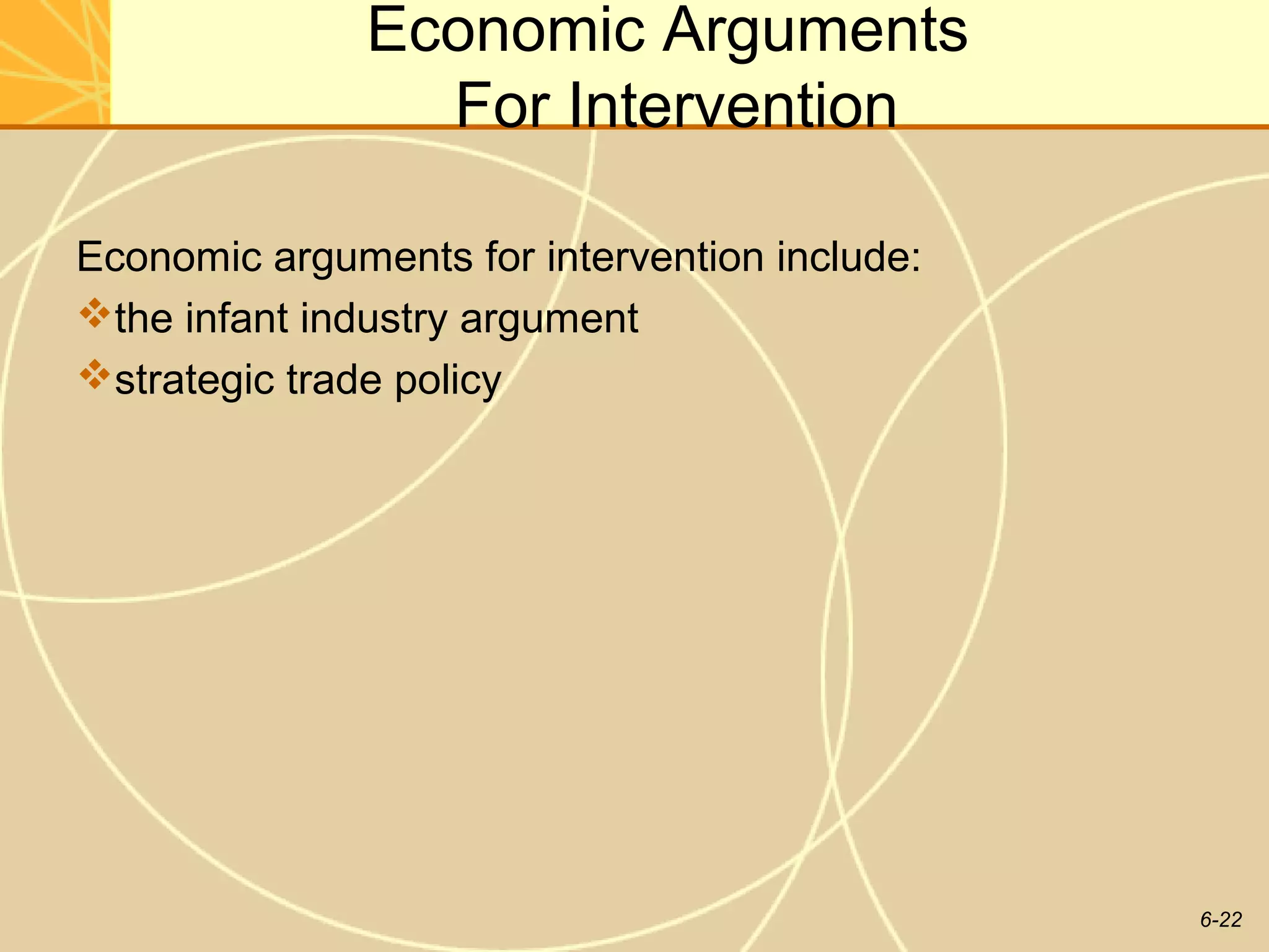Economic Arguments
                 For Intervention

Economic arguments for intervention include:
the infant industry argument
strategic trade policy




                                               6-22
 