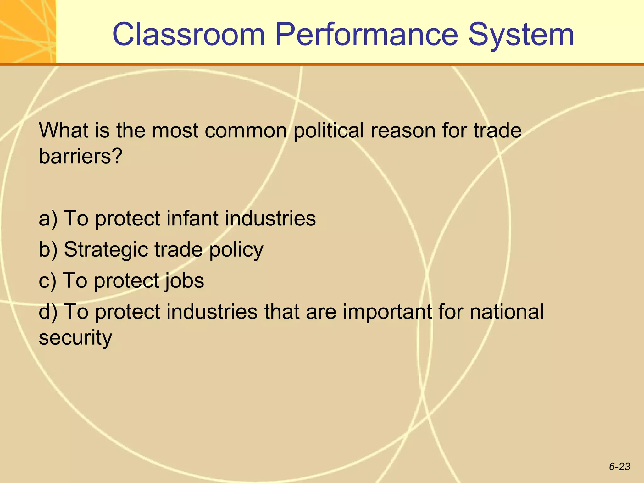 Classroom Performance System

What is the most common political reason for trade
barriers?

a) To protect infant industries
b) Strategic trade policy
c) To protect jobs
d) To protect industries that are important for national
security




                                                           6-23
 