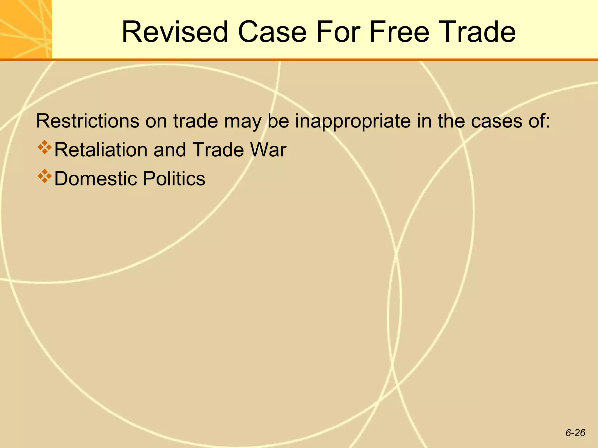 Revised Case For Free Trade

Restrictions on trade may be inappropriate in the cases of:
Retaliation and Trade War
Domestic Politics




                                                              6-26
 