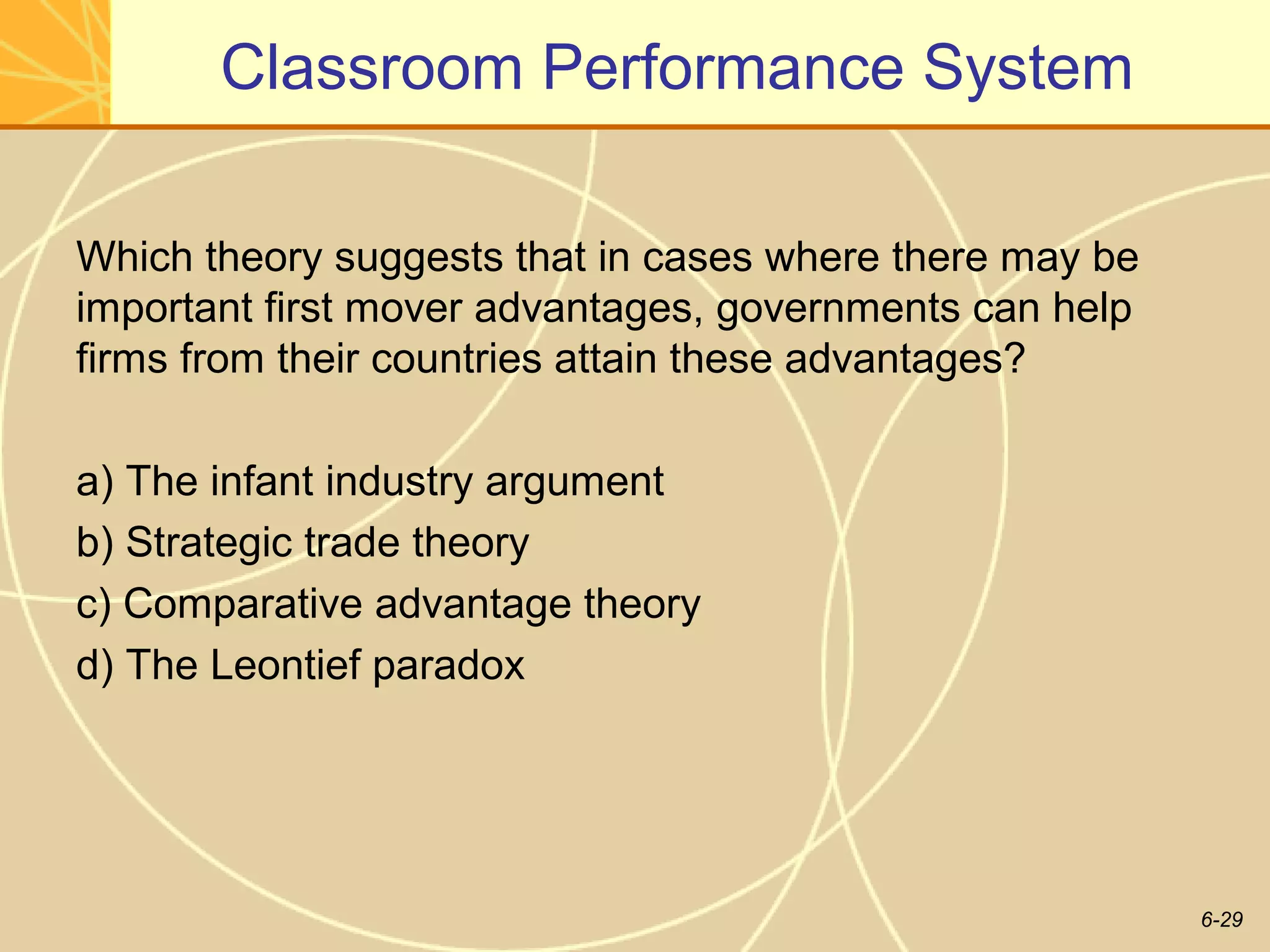 Classroom Performance System

Which theory suggests that in cases where there may be
important first mover advantages, governments can help
firms from their countries attain these advantages?

a) The infant industry argument
b) Strategic trade theory
c) Comparative advantage theory
d) The Leontief paradox




                                                         6-29
 