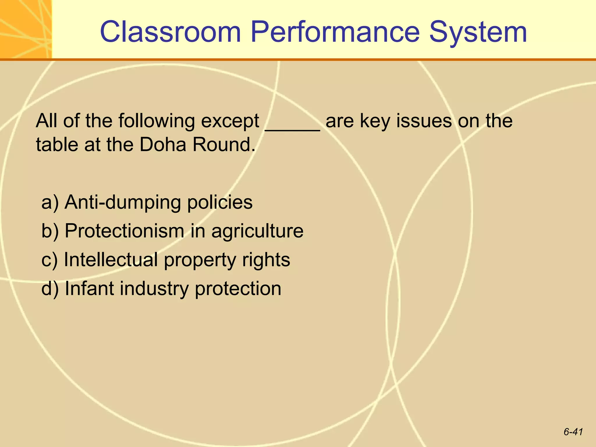 Classroom Performance System

All of the following except _____ are key issues on the
table at the Doha Round.

a) Anti-dumping policies
b) Protectionism in agriculture
c) Intellectual property rights
d) Infant industry protection




                                                          6-41
 