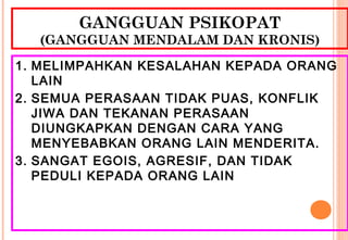 GANGGUAN PSIKOPAT
(GANGGUAN MENDALAM DAN KRONIS)
1. MELIMPAHKAN KESALAHAN KEPADA ORANG
LAIN
2. SEMUA PERASAAN TIDAK PUAS, KONFLIK
JIWA DAN TEKANAN PERASAAN
DIUNGKAPKAN DENGAN CARA YANG
MENYEBABKAN ORANG LAIN MENDERITA.
3. SANGAT EGOIS, AGRESIF, DAN TIDAK
PEDULI KEPADA ORANG LAIN
 