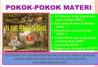 1. Di keluarga yang bagaimana
dapat terjadi KDRT ?
2. Apa yang dimaksud dengan
KDRT ?
3. Bagaimana bentuk-bentuk
KDRT ?
4. Faktor-faktor apa yang dapat
menimbulkan KDRT ?
5. Apa akibat KDRT ?
6. Bagaimana mengatasi KDRT?
PELIHARALAH KEHARMONISAN DALAM KELUARGA DENGAN
SALING MENGHARGAI DAN SALING MELINDUNGI,
DAN HINDARILAH KDRT
PELIHARALAH KEHARMONISAN DALAM KELUARGA DENGAN
SALING MENGHARGAI DAN SALING MELINDUNGI,
DAN HINDARILAH KDRT
 