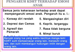 PENGARUH KDRT TERHADAP EMOSI
ANAK
Semua jenis kekerasan terhadap anak dapat
mempengaruhi emosi anak. Pengaruh itu a. l.:
1. Konsep diri rendah
2. Depresi dan Cemas
3. Agresif dan
Pemarah
4. Sulit berkomunikasi
5. Mengasingkan diri
6. Keprib. terganggu
7. Rasa tidak berguna
8. Mimpi buruk
Banyak orang tua yang waktu kecilnya menga-lami
KDRT sulit mempercayai orang lain, menjauhi orang
lain, dan sulit membangun hubungan intim dengan
orang lain.
 