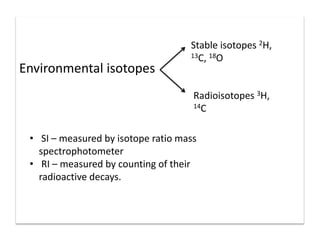 Environmental isotopes
Stable isotopes 2H,
13C, 18O
Radioisotopes 3H,
14C
• SI – measured by isotope ratio mass
spectrophotometer
• RI – measured by counting of their
radioactive decays.
 