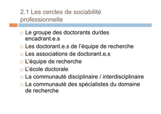 2.1 Les cercles de sociabilité
professionnelle
!  Le groupe des doctorants du/des
encadrant.e.s
!  Les doctorant.e.s de l’équipe de recherche
!  Les associations de doctorant.e.s
!  L’équipe de recherche
!  L’école doctorale
!  La communauté disciplinaire / interdisciplinaire
!  La communauté des spécialistes du domaine
de recherche
 