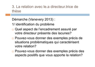 3. La relation avec le.a directeur.trice de
thèse
Démarche (Vanevery 2013) :
1/ identification du problème
!  Quel aspect de l’encadrement assuré par
votre directeur présente des lacunes?
!  Pouvez-vous donner des exemples précis de
situations problématiques qui caractérisent
votre relation?
!  Pouvez-vous donner des exemples précis des
aspects positifs que vous apporte la relation?
 