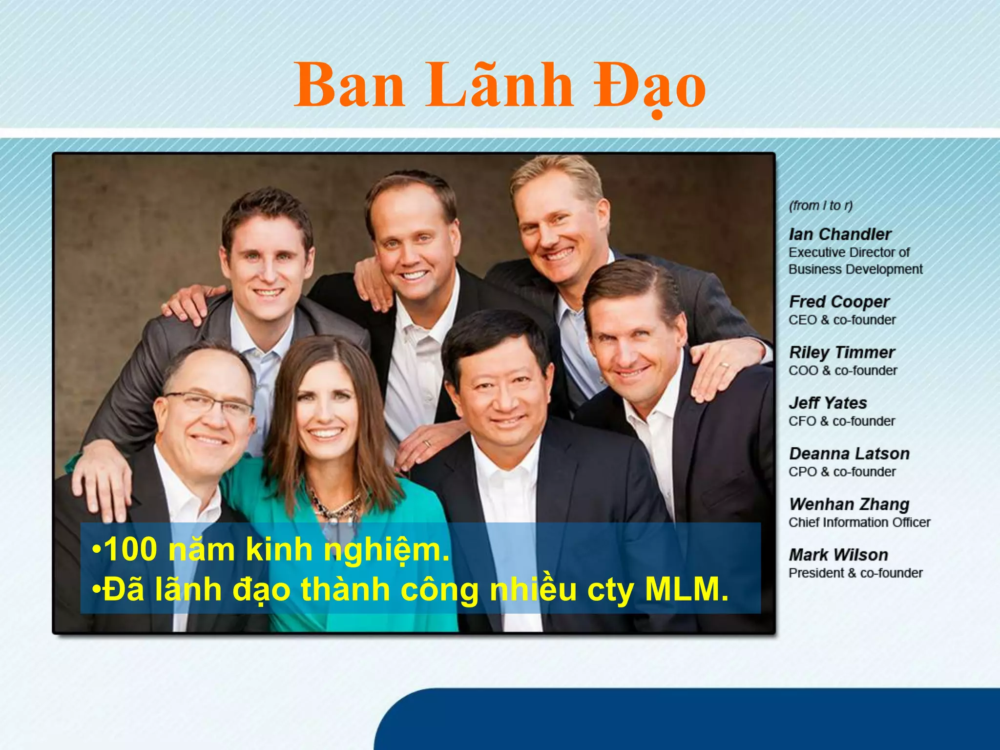 Ban Lãnh Đạo
•100 năm kinh nghiệm.
•Đã lãnh đạo thành công nhiều cty MLM.
 