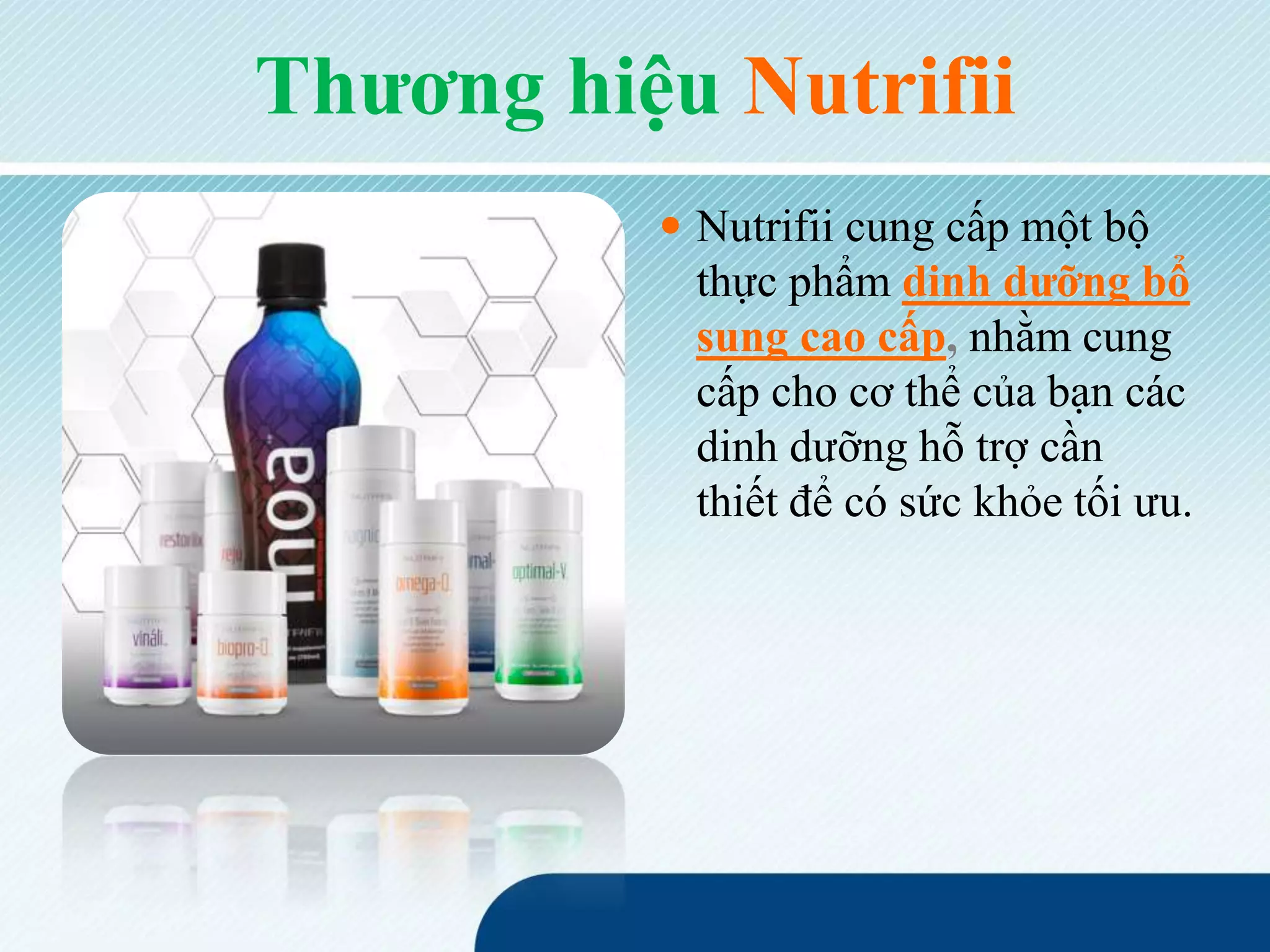 Thương hiệu Nutrifii
 Nutrifii cung cấp một bộ
thực phẩm dinh dưỡng bổ
sung cao cấp, nhằm cung
cấp cho cơ thể của bạn các
dinh dưỡng hỗ trợ cần
thiết để có sức khỏe tối ưu.
 