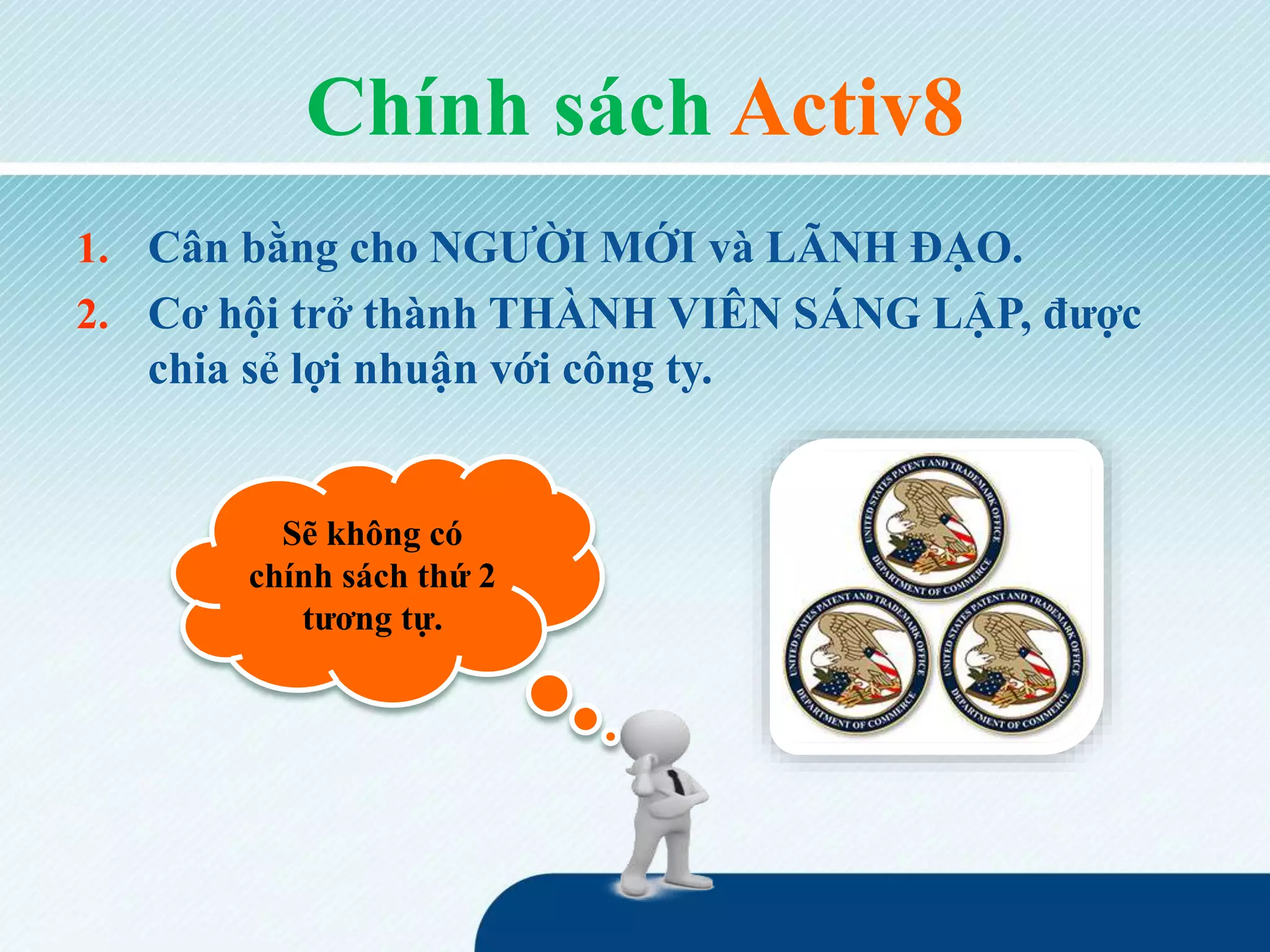 Chính sách Activ8
1. Cân bằng cho NGƯỜI MỚI và LÃNH ĐẠO.
2. Cơ hội trở thành THÀNH VIÊN SÁNG LẬP, được
chia sẻ lợi nhuận với công ty.
Sẽ không có
chính sách thứ 2
tương tự.
 