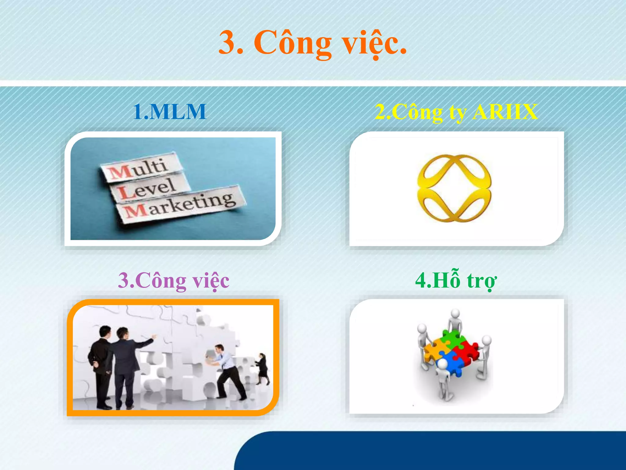 3. Công việc.
1.MLM 2.Công ty ARIIX
3.Công việc 4.Hỗ trợ
 