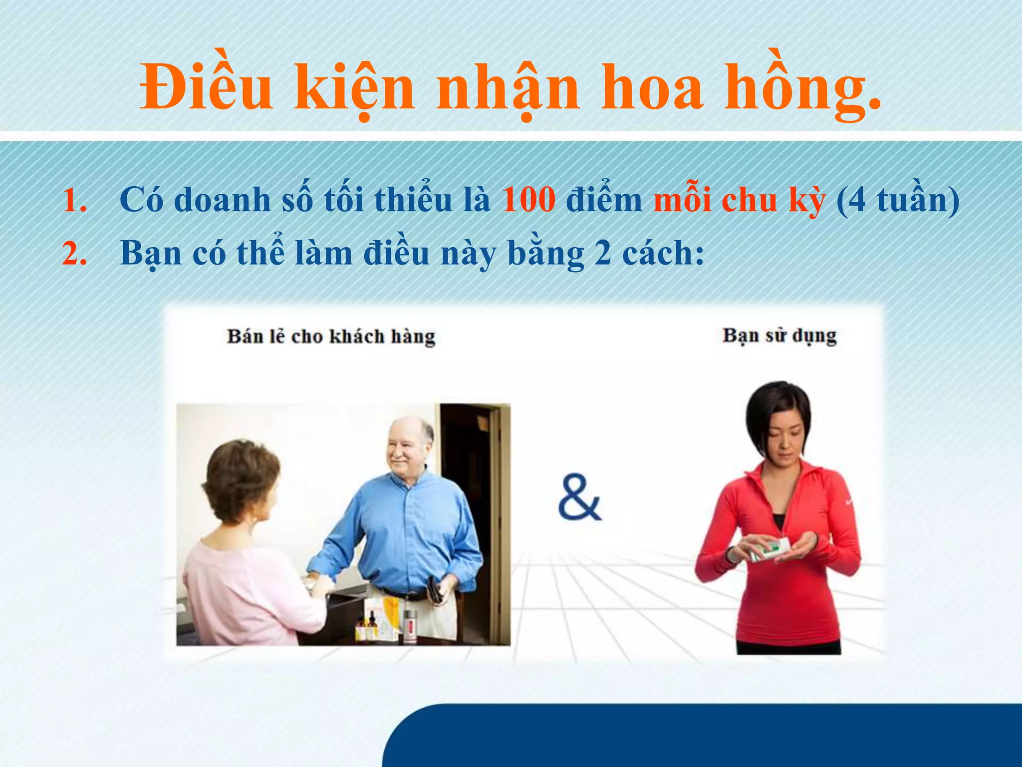 Điều kiện nhận hoa hồng.
1. Có doanh số tối thiểu là 100 điểm mỗi chu kỳ (4 tuần)
2. Bạn có thể làm điều này bằng 2 cách:
 