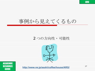事例から見えてくるもの 2 つの方向性・可能性 http://www.ne.jp/asahi/coffee/house/ARG/ ARG ACADEMIC RESOURCE GUIDE  
