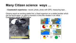 Many Citizen science ways …
- Coastwatch experience - record, photo, photo with GPS, measuring tape…
Citizens report an exciting stable find, a fixed organism on a stable boulder which
can be found again, or catch a moment in time like nitrates in an inflow -
Coastwatch results & EPA below
8%
51%
33%
8%
Tolka Estuary inflows (n=51)
20%
36%
25%
19%
South Dublin Bay (n=36)
Rush
7%
13%
13%
27%
40%
Rush inflows tested (n=15)
8%
31%
38%
23%
Bannow Bay inf. test. (n=13)
100%
Tralee Bay Inflows tesded (n=22)
South Dublin
Bannow Bay Tralee Bay
Tolka Estuary
 