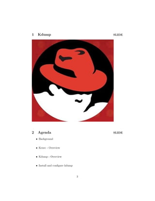 1 Kdump slide 
2 Agenda slide 
• Background 
• Kexec - Overview 
• Kdump - Overview 
• Install and configure kdump 
3 
 