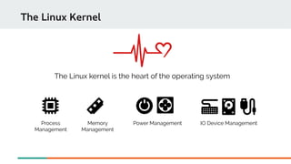 The Linux kernel is the heart of the operating system
Memory
Management
Process
Management
IO Device ManagementPower Management
The Linux Kernel
 