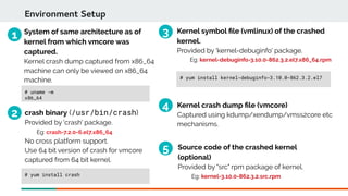 Kernel symbol fle (vmlinux) of the crashed
kernel.
Provided by 'kernel-debuginfo' package.
Eg: kernel-debuginfo-3.10.0-862.3.2.el7.x86_64.rpm
crash binary (/usr/bin/crash)
Provided by 'crash' package.
Eg: crash-7.2.0-6.el7.x86_64
No cross platform support.
Use 64 bit version of crash for vmcore
captured from 64 bit kernel.
Environment Setup
# yum install crash
# yum install kernel-debuginfo-3.10.0-862.3.2.el7
Kernel crash dump fle (vmcore)
Captured using kdump/xendump/vmss2core etc
mechanisms.
System of same architecture as of
kernel from which vmcore was
captured.
Kernel crash dump captured from x86_64
machine can only be viewed on x86_64
machine.
Source code of the crashed kernel
(optional)
Provided by "src" rpm package of kernel.
Eg: kernel-3.10.0-862.3.2.src.rpm
2
1
5
4
3
# uname -m
x86_64
 
