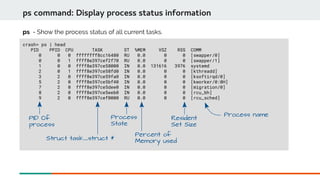 crash> ps | head
PID PPID CPU TASK ST %MEM VSZ RSS COMM
0 0 0 ffffffff8cc16480 RU 0.0 0 0 [swapper/0]
0 0 1 ffff8e397cef2f70 RU 0.0 0 0 [swapper/1]
1 0 0 ffff8e397ce58000 IN 0.0 131616 3976 systemd
2 0 1 ffff8e397ce58fd0 IN 0.0 0 0 [kthreadd]
3 2 0 ffff8e397ce59fa0 IN 0.0 0 0 [ksoftirqd/0]
5 2 0 ffff8e397ce5bf40 IN 0.0 0 0 [kworker/0:0H]
7 2 0 ffff8e397ce5dee0 IN 0.0 0 0 [migration/0]
8 2 0 ffff8e397ce5eeb0 IN 0.0 0 0 [rcu_bh]
9 2 0 ffff8e397cef0000 RU 0.0 0 0 [rcu_sched]
ps command: Display process status information
ps - Show the process status of all current tasks.
PID Of
process
Struct task_struct *
Process
State
Percent of
Memory used
Resident
Set Size
Process name
 