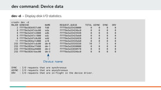 crash> dev -d
MAJOR GENDISK NAME REQUEST_QUEUE TOTAL ASYNC SYNC DRV
2 ffff8e3836937c00 fd0 ffff8e3a33420000 0 0 0 0
8 ffff8e3a347cbc00 sda ffff8e3a33424bc0 0 0 0 0
8 ffff8e3a347c2800 sdb ffff8e3a33425538 0 0 0 0
8 ffff8e3a347c1800 sdc ffff8e3a33425eb0 0 0 0 0
8 ffff8e3a347c0c00 sdd ffff8e3a33426828 0 0 0 0
11 ffff8e3836a7c000 sr0 ffff8e3a33535eb0 0 0 0 0
253 ffff8e3a347cdc00 dm-0 ffff8e3a33535538 10 7 3 0
253 ffff8e3836a7f400 dm-1 ffff8e3a32030000 0 0 0 0
253 ffff8e3836ad5800 dm-2 ffff8e3a32030978 0 0 0 0
253 ffff8e383616ec00 dm-3 ffff8e3a33534bc0 0 0 0 0
SYNC : I/O requests that are synchronous
ASYNC : I/O requests that are asynchronous
DRV : I/O requests that are in-flight in the device driver.
dev command: Device data
dev -d – Display disk I/O statistics.
Device name
 