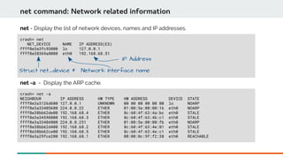 crash> net
NET_DEVICE NAME IP ADDRESS(ES)
ffff8e3a3fc93000 lo 127.0.0.1
ffff8e38369a8000 eth0 192.168.68.51
net command: Network related information
net - Display the list of network devices, names and IP addresses.
crash> net -a
NEIGHBOUR IP ADDRESS HW TYPE HW ADDRESS DEVICE STATE
ffff8e3a3126d600 127.0.0.1 UNKNOWN 00 00 00 00 00 00 lo NOARP
ffff8e3a33405600 224.0.0.22 ETHER 01:00:5e:00:00:16 eth0 NOARP
ffff8e38bb62de00 192.168.68.4 ETHER 8c:60:4f:63:4a:bc eth0 STALE
ffff8e3a34598800 192.168.68.3 ETHER 8c:60:4f:63:4b:c1 eth0 STALE
ffff8e3a33404800 224.0.0.251 ETHER 01:00:5e:00:00:fb eth0 NOARP
ffff8e38bb62d400 192.168.68.2 ETHER 8c:60:4f:63:4e:01 eth0 STALE
ffff8e38bb62ce00 192.168.68.5 ETHER 8c:60:4f:63:4e:c1 eth0 STALE
ffff8e3a29fce200 192.168.68.1 ETHER 00:00:0c:9f:f2:38 eth0 REACHABLE
net -a - Display the ARP cache.
Struct net_device *
IP Address
Network Interface name
 