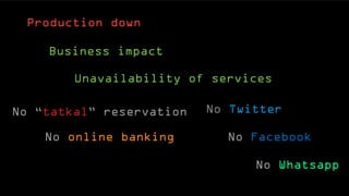 Business impact
Production down
No “tatkal” reservation
No FacebookNo online banking
No Whatsapp
No Twitter
Unavailability of services
 