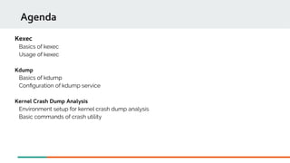 Kexec
Basics of kexec
Usage of kexec
Kdump
Basics of kdump
Confguration of kdump service
Kernel Crash Dump Analysis
Environment setup for kernel crash dump analysis
Basic commands of crash utility
Agenda
 