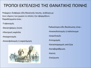 Υπάρχουν διάφορα είδη θανατικής ποινής, ανάλογα με
τους νόμους των χωρών οι οποίες την εφαρμόζουν.
Παραδείγματα είναι :
-Τυφεκισμός
-Θανατηφόρος ένεση
-Ηλεκτρική καρέκλα
-Απαγχονισμός
-Αποκεφαλισμός ή καρατόμηση
Παλαιότερα είδη θανάτωσης είναι :
-Ανασκολοπισμός ή παλούκωμα
-Διαμελισμός
-Εντοιχισμός
-Κατασπαραγμός από ζώα
-Καταβαράθρωση
-Καύση
-Σταύρωση
ΤΡΟΠΟΙ ΕΚΤΕΛΕΣΗΣ ΤΗΣ ΘΑΝΑΤΙΚΗΣ ΠΟΙΝΗΣ
 