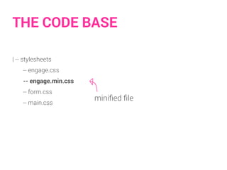 THE CODE BASE
| -- stylesheets
-- engage.css
-- engage.min.css
-- form.css
miniﬁed ﬁle
-- main.css
 