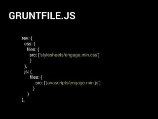 GRUNTFILE.JS
rev: {
css: {
ﬁles: {
src: ['stylesheets/engage.min.css']
}
},
js: {
ﬁles: {
src: ['javascripts/engage.min.js']
}
}
},
 