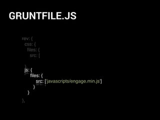 GRUNTFILE.JS
rev: {
css: {
ﬁles: {
src: [
},
js: {
src: [
},
js: {
ﬁles: {
src: ['javascripts/engage.min.js']
}
}
 