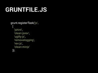 GRUNTFILE.JS
grunt.registerTask('js',
[
'jshint',
'clean:jsrev',
'uglify:js',
'removelogging',
'rev:js',
'clean:minjs'
]);
 