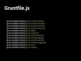 Gruntﬁle.js
grunt.loadNpmTasks('grunt-contrib-clean');
grunt.loadNpmTasks('grunt-contrib-concat');
grunt.loadNpmTasks('grunt-contrib-csslint');
grunt.loadNpmTasks('grunt-contrib-cssmin');
grunt.loadNpmTasks('grunt-http');
grunt.loadNpmTasks('grunt-injector');
grunt.loadNpmTasks('grunt-contrib-jshint');
grunt.loadNpmTasks('grunt-contrib-uglify');
grunt.loadNpmTasks('grunt-contrib-watch');
grunt.loadNpmTasks('grunt-remove-logging');
grunt.loadNpmTasks('grunt-rev');
grunt.loadNpmTasks('grunt-notify');
 