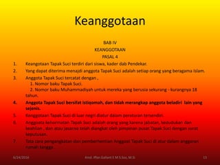 Keanggotaan
BAB IV
KEANGGOTAAN
PASAL 4
1. Keangotaan Tapak Suci terdiri dari siswa, kader dab Pendekar.
2. Yang dapat diterima menajdi anggota Tapak Suci adalah setiap orang yang beragama Islam.
3. Anggota Tapak Suci tercatat dengan ,
1. Nomor baku Tapak Suci.
2. Nomor baku Muhammadiyah untuk mereka yang berusia sekurang - kurangnya 18
tahun.
4. Anggota Tapak Suci bersifat istiqomah, dan tidak merangkap anggota beladiri lain yang
sejenis.
5. Kenggotaan Tapak Suci di luar negri diatur dalam peraturan tersendiri.
6. Anggoata kehormatan Tapak Suci adalah orang yang karena jabatan, kedudukan dan
keahlian , dan atau jasanya telah diangkat oleh pimpinan pusat Tapak Suci dengan surat
keputusan.
7. Tata cara pengangkatan dan pemberhentian Anggoat Tapak Suci di atur dalam anggaran
rumah tangga .
6/24/2016 13Kmd. Iffan Gallant E M S.Sos, M.Si
 