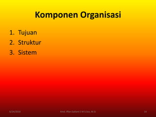 Komponen Organisasi
1. Tujuan
2. Struktur
3. Sistem
6/24/2016 14Kmd. Iffan Gallant E M S.Sos, M.Si
 
