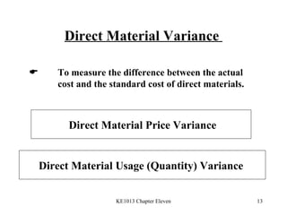 Direct Material Variance  Direct Material Price Variance Direct Material Usage (Quantity) Variance   To measure the difference between the actual  cost and the standard cost of direct materials. 