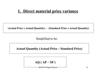 1.  Direct material price variance (Actual Price x Actual Quantity)  -  (Standard Price x Actual Quantity) Simplified to be: Actual Quantity (Actual Price – Standard Price) AQ ( AP – SP ) 