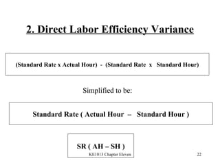 2. Direct Labor Efficiency Variance (Standard Rate x Actual Hour)  -  (Standard Rate  x  Standard Hour) Simplified to be: Standard Rate ( Actual Hour  –  Standard Hour ) SR ( AH – SH ) 