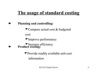 The usage of standard costing  Planning and controlling:  Product costing: Compare actual cost & budgeted cost Improve performance  Increase efficiency Provide readily available unit cost information 