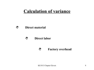 Calculation of variance  Direct material  Direct labor  Factory overhead 