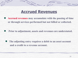 Accrued Revenues Prior to adjustment, assets and revenues are understated. Accrued revenues  may accumulate with the passing of time  or through services performed but not billed or collected. The adjusting entry requires a debit to an asset account  and a credit to a revenue account. 